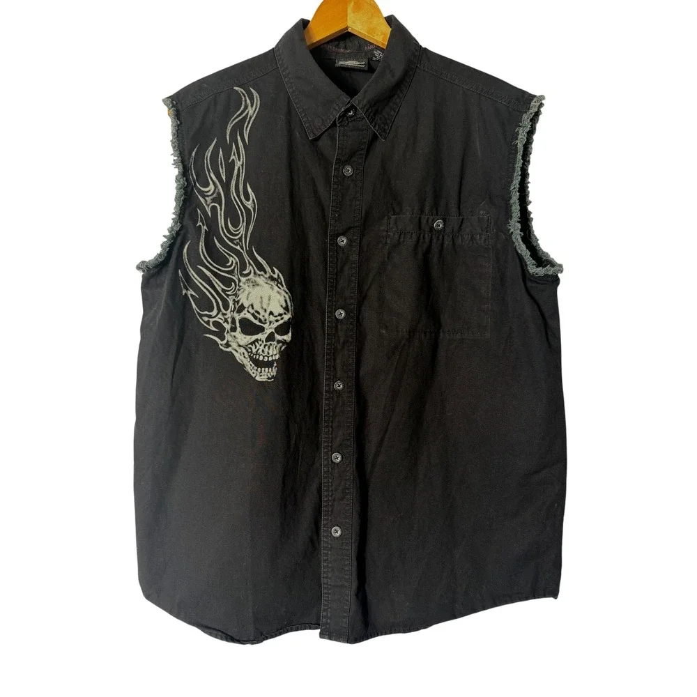 Harley Davidson Sleeveless Vest Sz L Mens Black Flaming Skull Graphic Biker Vest